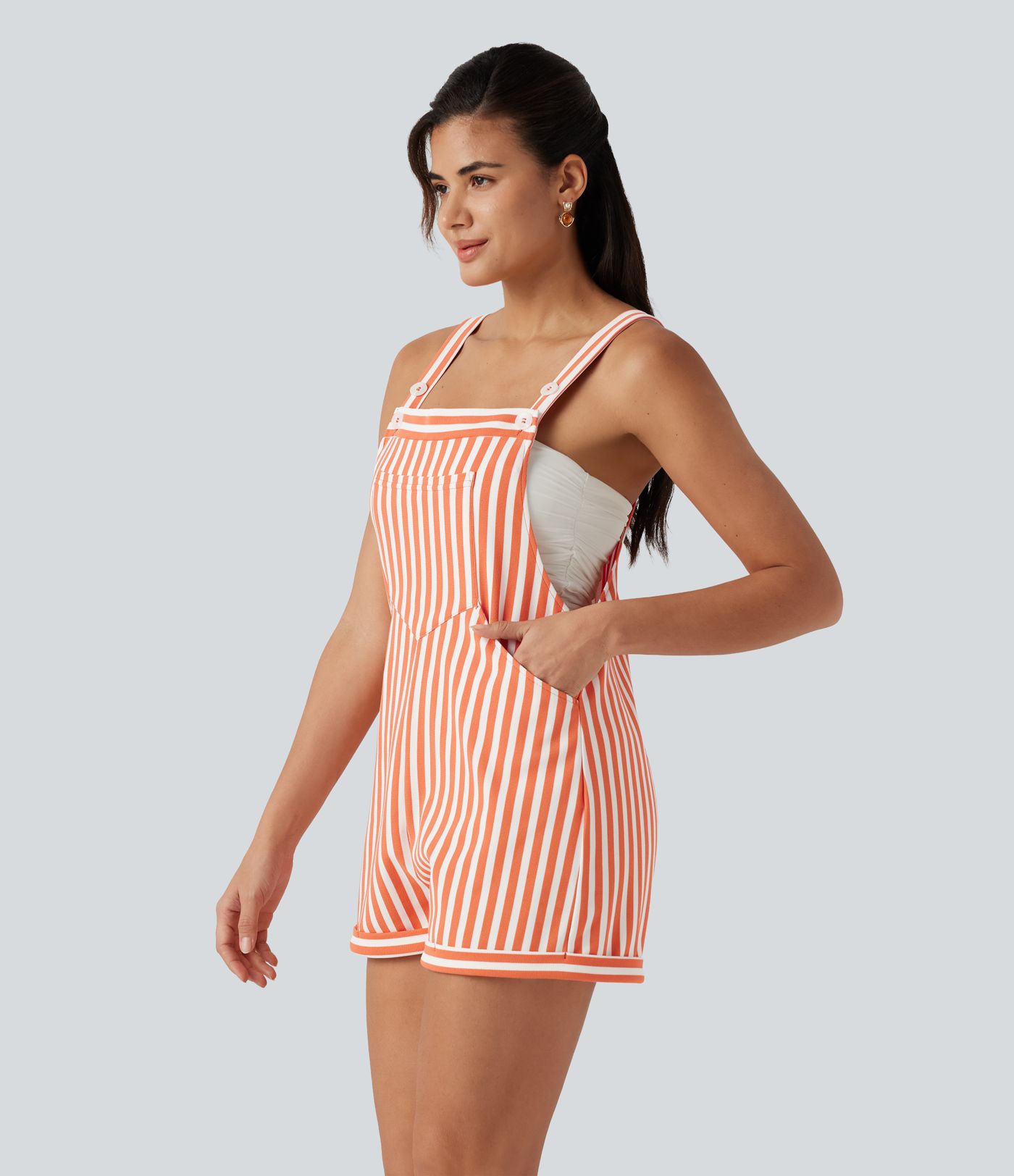 Pockets Stripe Waffle Short Overalls