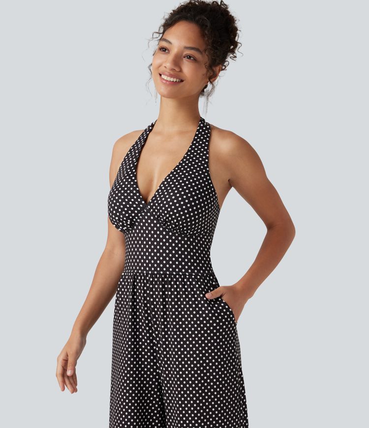 Halter Sleeveless Backless Built-in Bra Polka Dot Print Resort Jumpsuit with Pockets-Easy Peezy Halter Sleeveless Backless Built-in Bra Polka Dot Print Resort Jumpsuit with Pockets-Easy Peezy