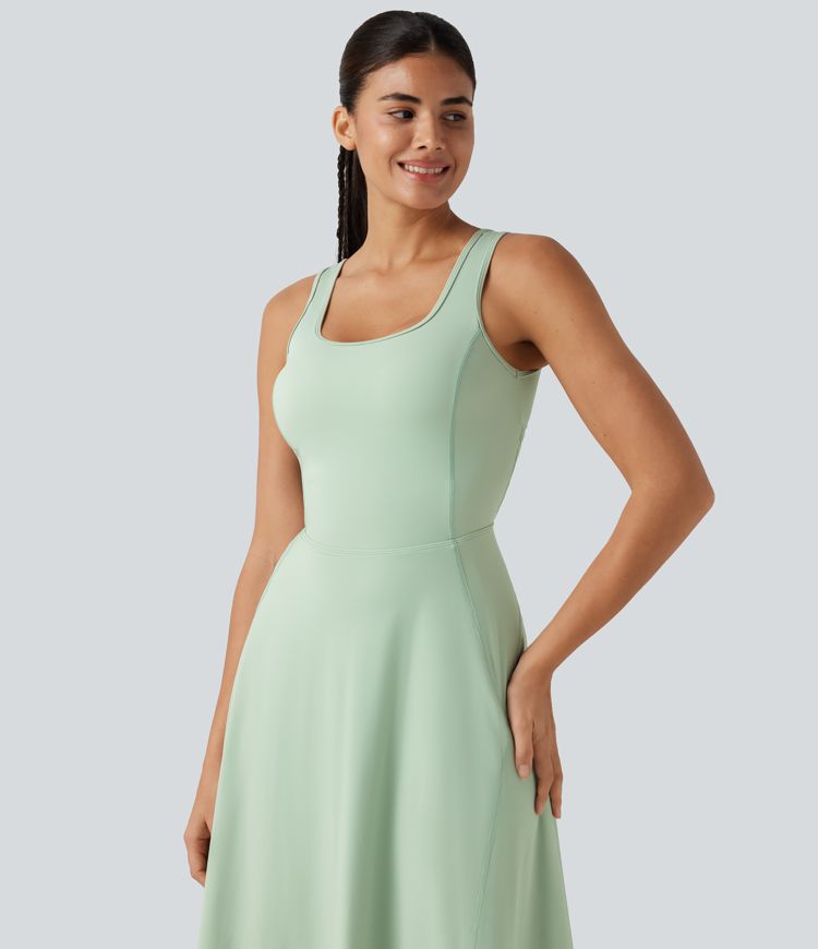 SoftlyZero™ Airy Square Neck Built-in Bra 2-in-1 Cool Touch Midi Dance Active Dress with Pockets-Easy Peezy Edition