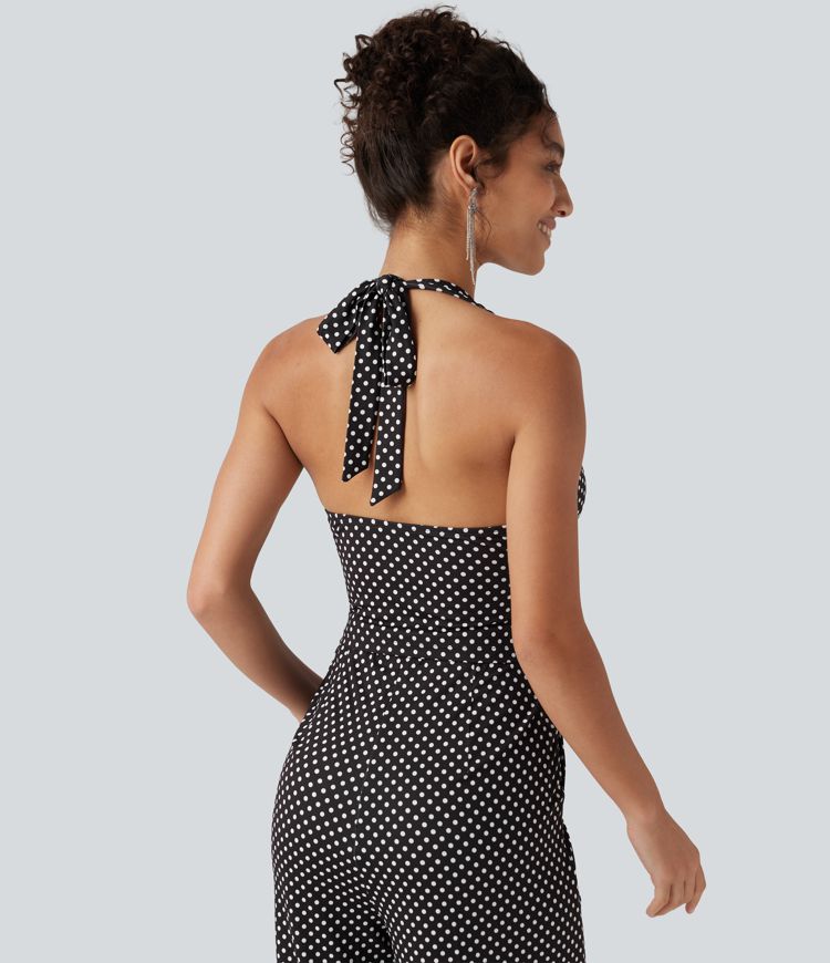 Halter Sleeveless Backless Built-in Bra Polka Dot Print Resort Jumpsuit with Pockets-Easy Peezy Halter Sleeveless Backless Built-in Bra Polka Dot Print Resort Jumpsuit with Pockets-Easy Peezy