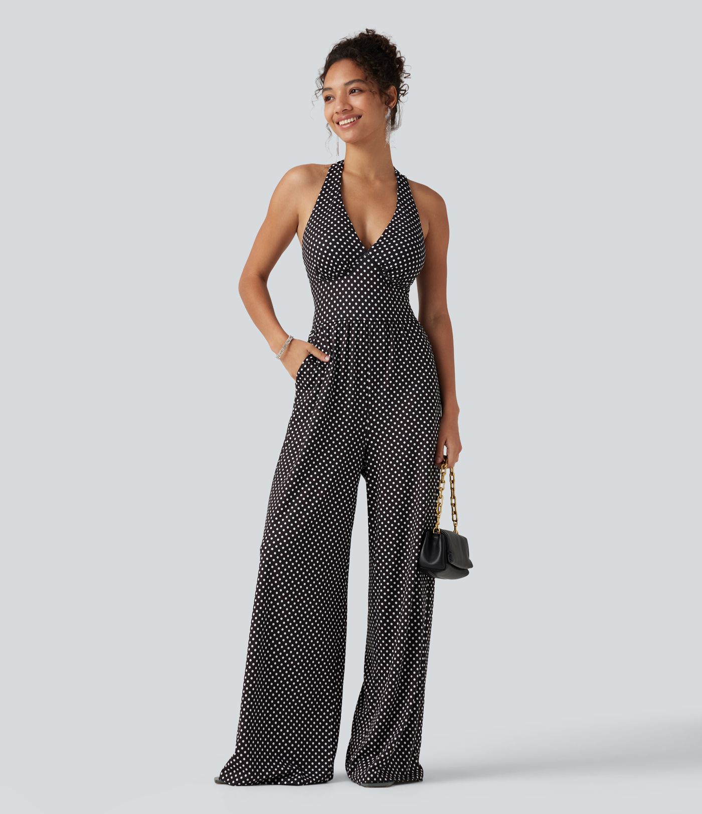Halter Sleeveless Backless Built-in Bra Polka Dot Print Resort Jumpsuit with Pockets-Easy Peezy Halter Sleeveless Backless Built-in Bra Polka Dot Print Resort Jumpsuit with Pockets-Easy Peezy