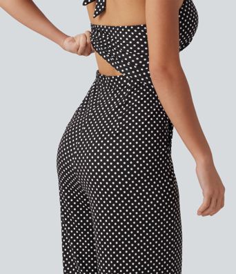 Halter Sleeveless Backless Built-in Bra Polka Dot Print Resort Jumpsuit with Pockets-Easy Peezy Halter Sleeveless Backless Built-in Bra Polka Dot Print Resort Jumpsuit with Pockets-Easy Peezy