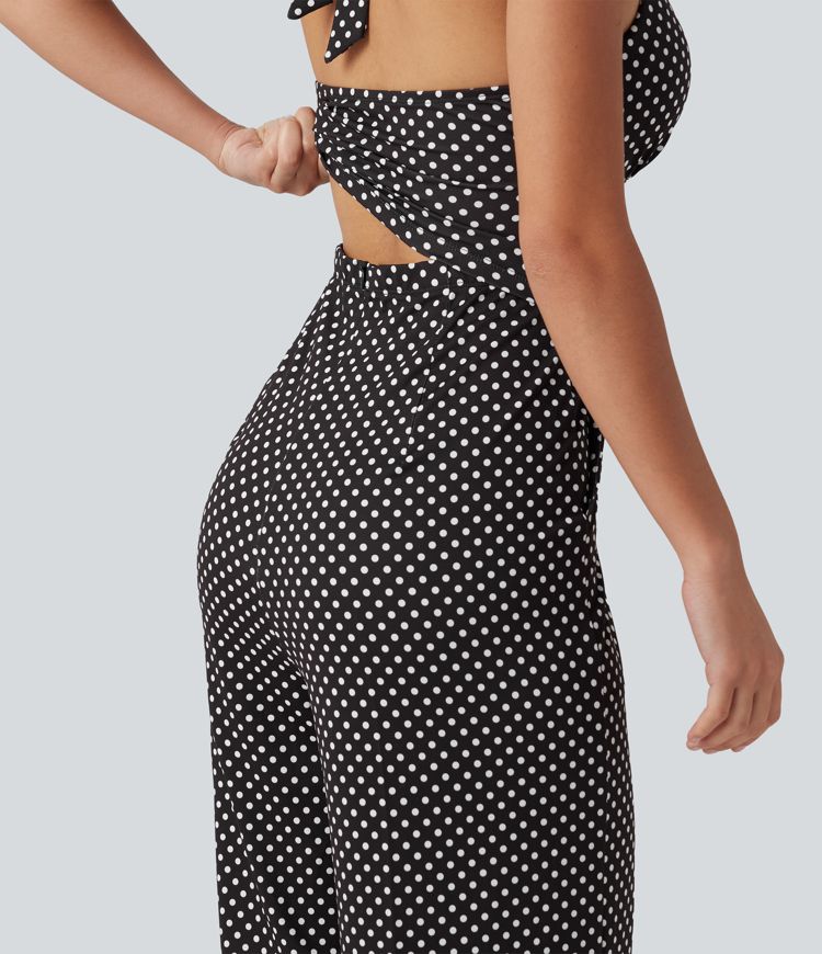 Halter Sleeveless Backless Built-in Bra Polka Dot Print Resort Jumpsuit with Pockets-Easy Peezy Halter Sleeveless Backless Built-in Bra Polka Dot Print Resort Jumpsuit with Pockets-Easy Peezy