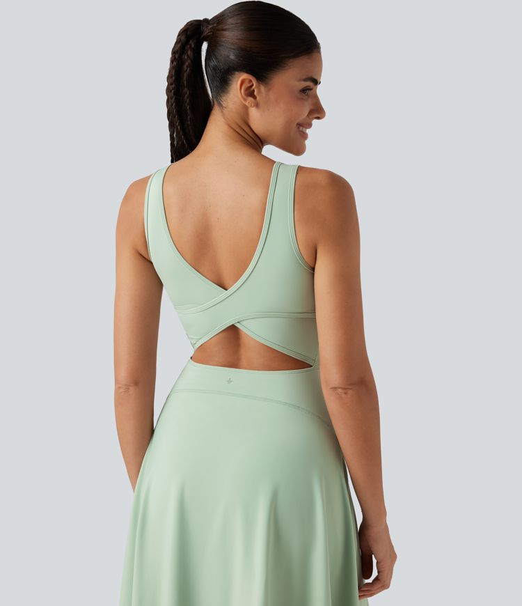 SoftlyZero™ Airy Square Neck Built-in Bra 2-in-1 Cool Touch Midi Dance Active Dress with Pockets-Easy Peezy Edition