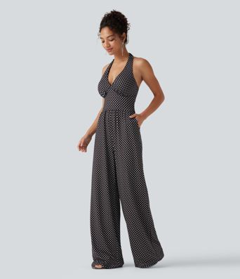 Halter Sleeveless Backless Built-in Bra Polka Dot Print Resort Jumpsuit with Pockets-Easy Peezy Halter Sleeveless Backless Built-in Bra Polka Dot Print Resort Jumpsuit with Pockets-Easy Peezy