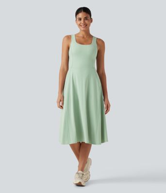 SoftlyZero™ Airy Square Neck Built-in Bra 2-in-1 Cool Touch Midi Dance Active Dress with Pockets-Easy Peezy Edition