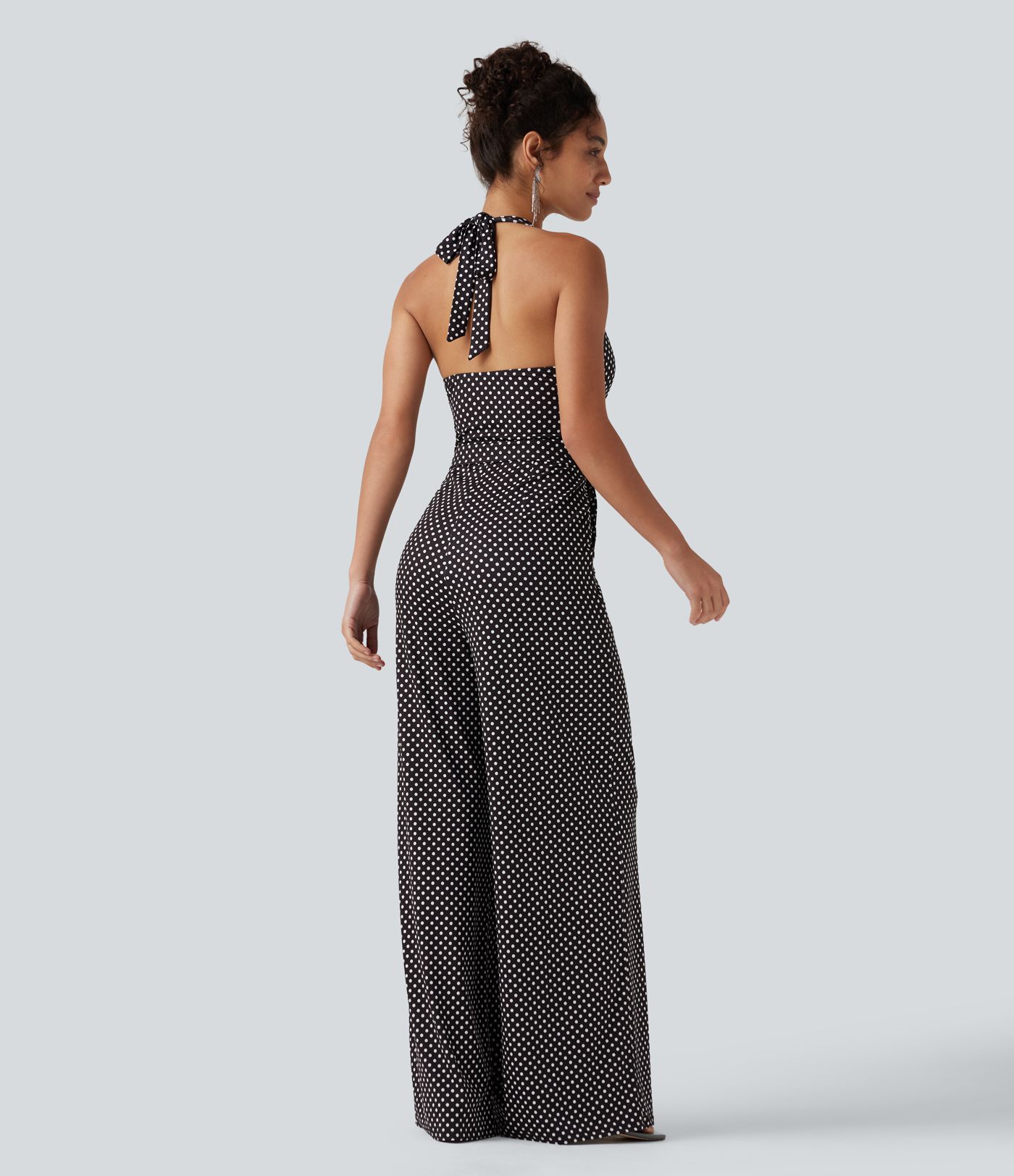 Halter Sleeveless Backless Built-in Bra Polka Dot Print Resort Jumpsuit with Pockets-Easy Peezy Halter Sleeveless Backless Built-in Bra Polka Dot Print Resort Jumpsuit with Pockets-Easy Peezy