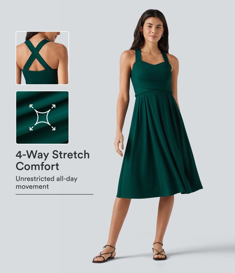 Sweetheart Neck Sleeveless Crisscross Tie-back Midi Casual Flowy Dress with Pockets Sweetheart Neck Sleeveless Crisscross Tie-back Midi Casual Flowy Dress with Pockets