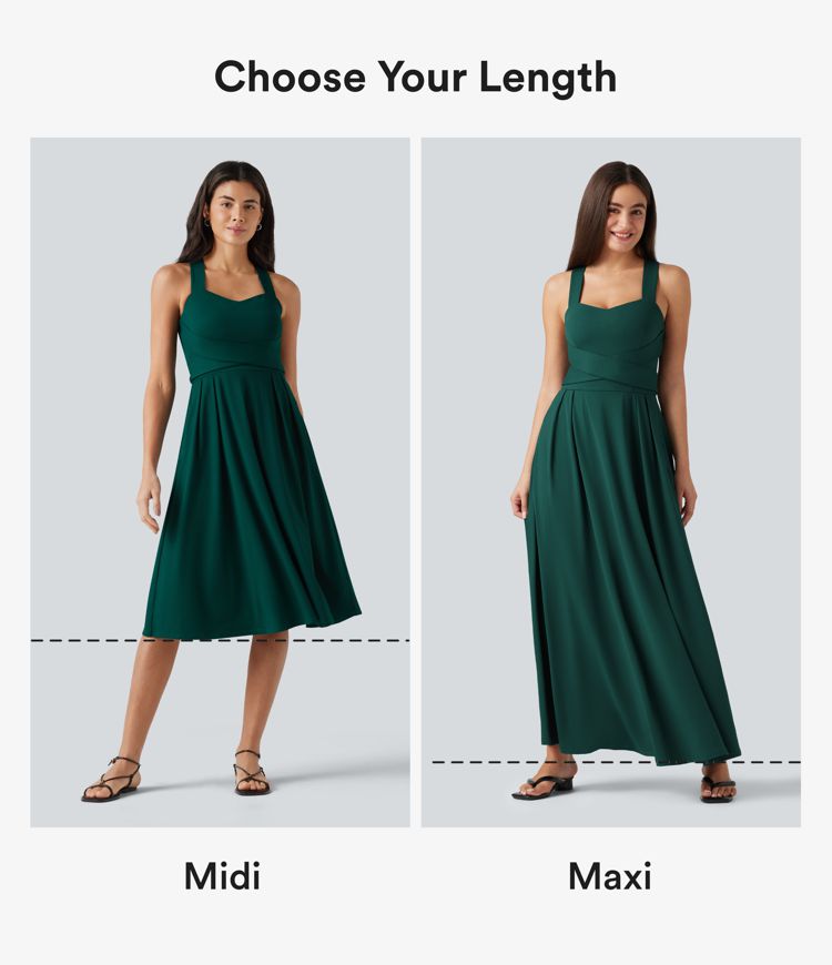 Sweetheart Neck Sleeveless Crisscross Tie-back Midi Casual Flowy Dress with Pockets