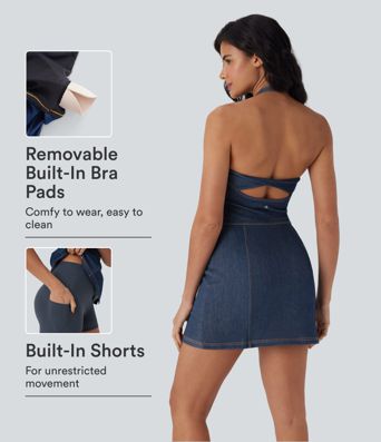 Halara Flex™ Neckholder Bodycon 2-Teiliges Cool Touch Gewaschenes Denim Mini Tennis Aktives Kleid mit Taschen