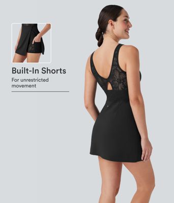 SoftlyZero™ Luftiger Kontrast-Spitzen 2-in-1 Kühl-Touch Tennis Aktiv Kleid mit Tasche-UPF50+