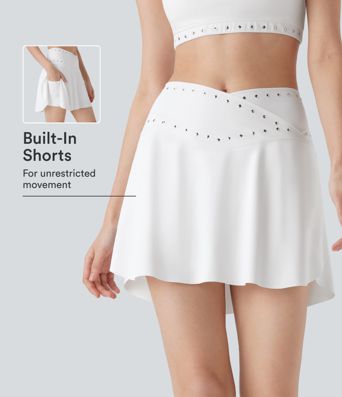 SoftlyZero™ QuickDry High Waisted Studded Crossover 2-in-1 Mini Pickleball Skirt with Pockets