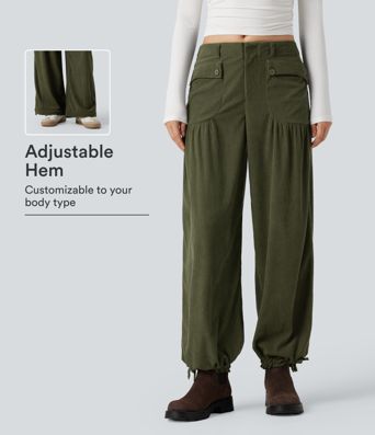 Pantalones informales de pana de talle medio y pernera ancha con bolsillos