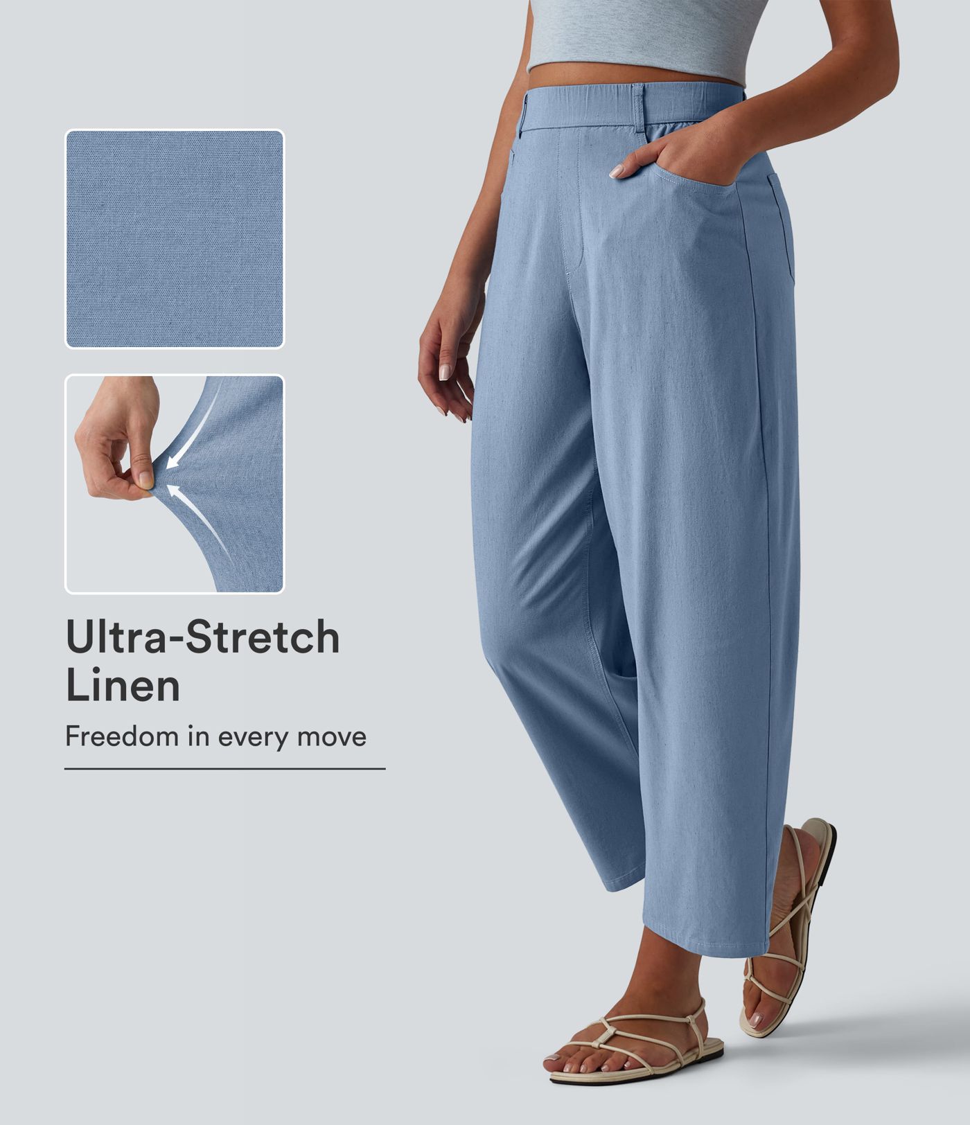 Hoch geschnittene, lässige Stretch-Leinenhose mit ballonförmigem Bein und Taschen Hoch geschnittene, lässige Stretch-Leinenhose mit ballonförmigem Bein und Taschen
