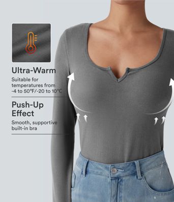 Push-Up Molded Cups Notched Long Sleeve Casual Warming Top A/B Cup