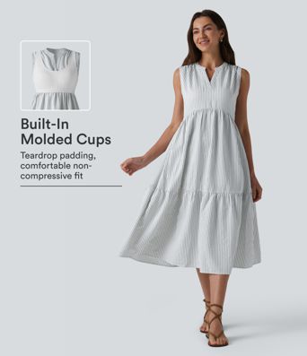 Robe midi à rayures, sans manches, col en V avec soutien-gorge intégré