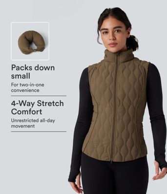 PuffFlex Packable High Neck Zipper Running Quilted Vest with Pockets