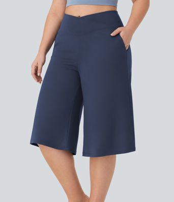 SoftlyZero™ Airy Crossover High Waisted Wide Leg InstantCool Yoga Pedal Pusher Plus Size Pants with Pockets