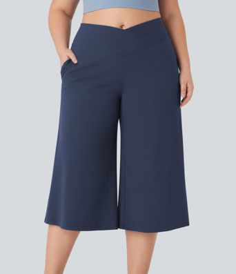 SoftlyZero™ Airy Crossover High Waisted Wide Leg InstantCool Yoga Pedal Pusher Plus Size Pants with Pockets