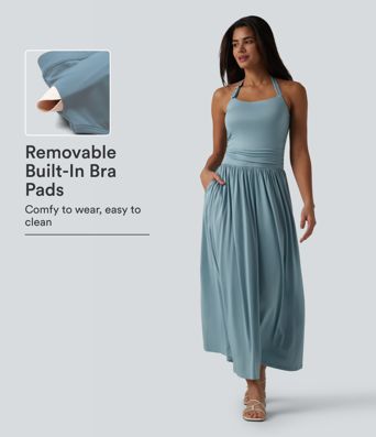 Vestido maxi casual con escote halter, sujetador integrado y bolsillos, de corte fluido