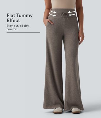 Ribbed Knit High Waisted Drawstring Tummy Control Casual Bootcut Pants with Pockets