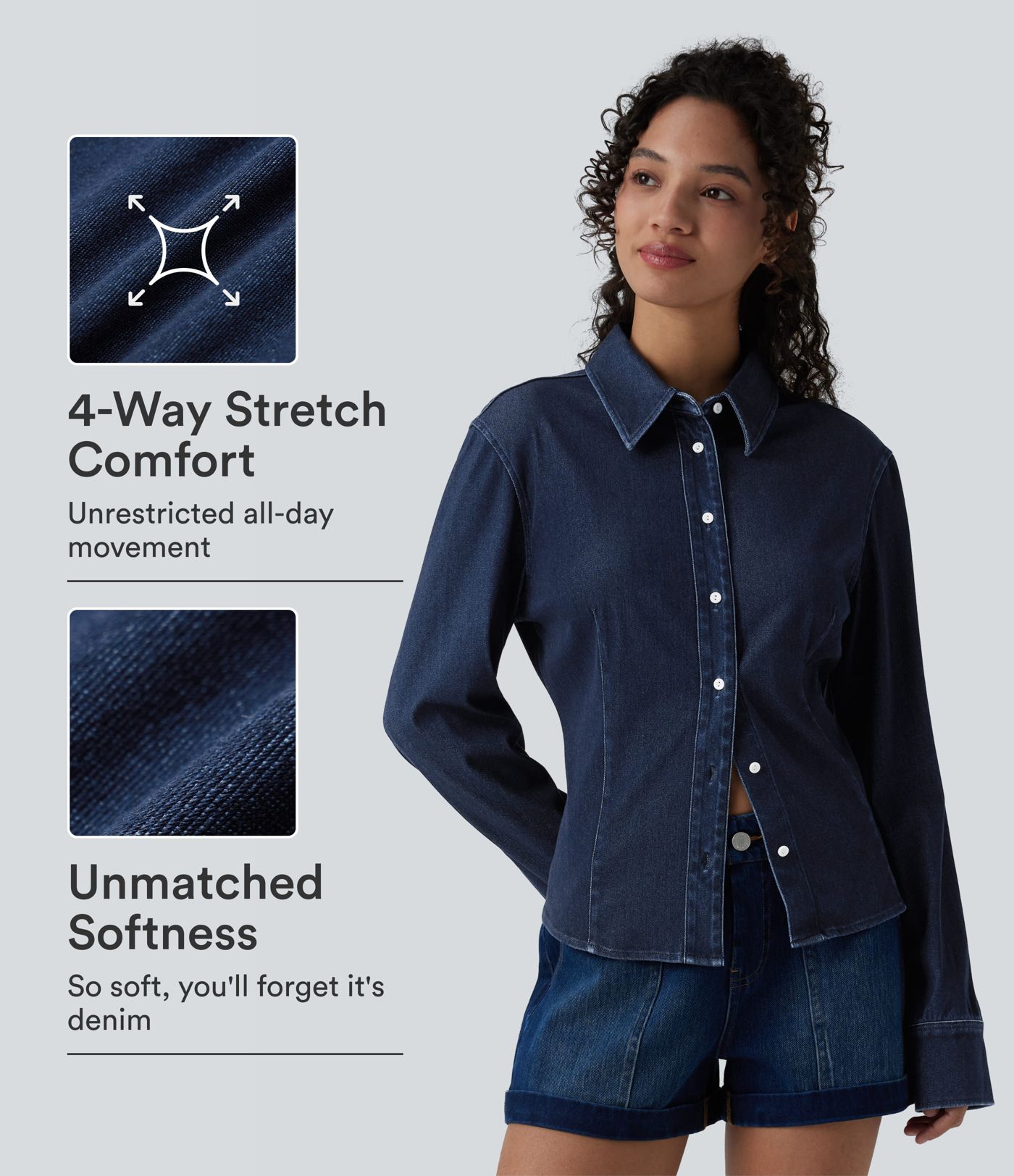 Halara Flex™ Long Sleeve Draped Lyocell Denim Casual Shirt Halara Flex™ Long Sleeve Draped Lyocell Denim Casual Shirt