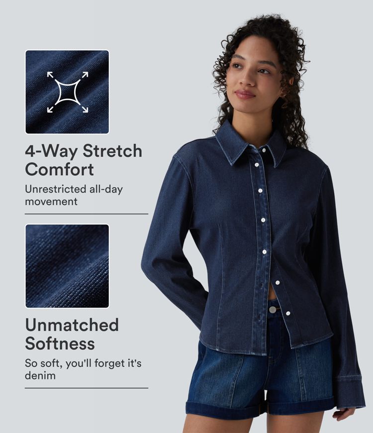 Halara Flex™ Long Sleeve Draped Lyocell Denim Casual Shirt Halara Flex™ Long Sleeve Draped Lyocell Denim Casual Shirt