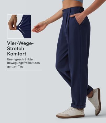 Lässige, schmal zulaufende 7/8-Hose mit mittelhohem Bund, mehreren Taschen und umgeschlagenem Saum Lässige, schmal zulaufende 7/8-Hose mit mittelhohem Bund, mehreren Taschen und umgeschlagenem Saum