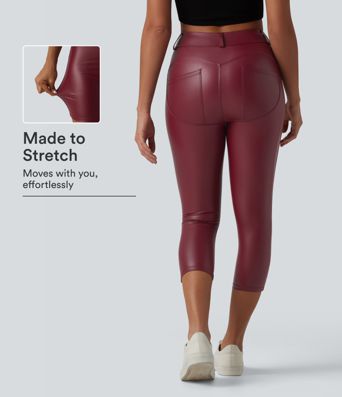 High Waisted Stretchy PU Casual Capri Leggings with Pockets