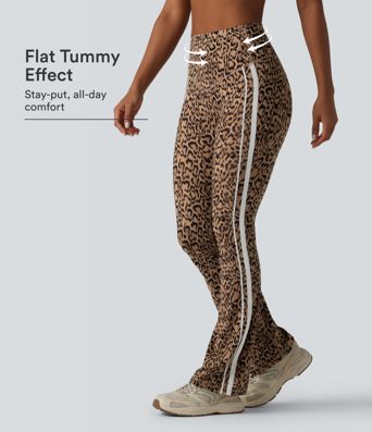 Halara UltraSculpt™ Bootcut-Trainingsleggings mit Leopardenmuster, hohem Bund, Bauchkontrolle, Colorblock-Streifen und Taschen