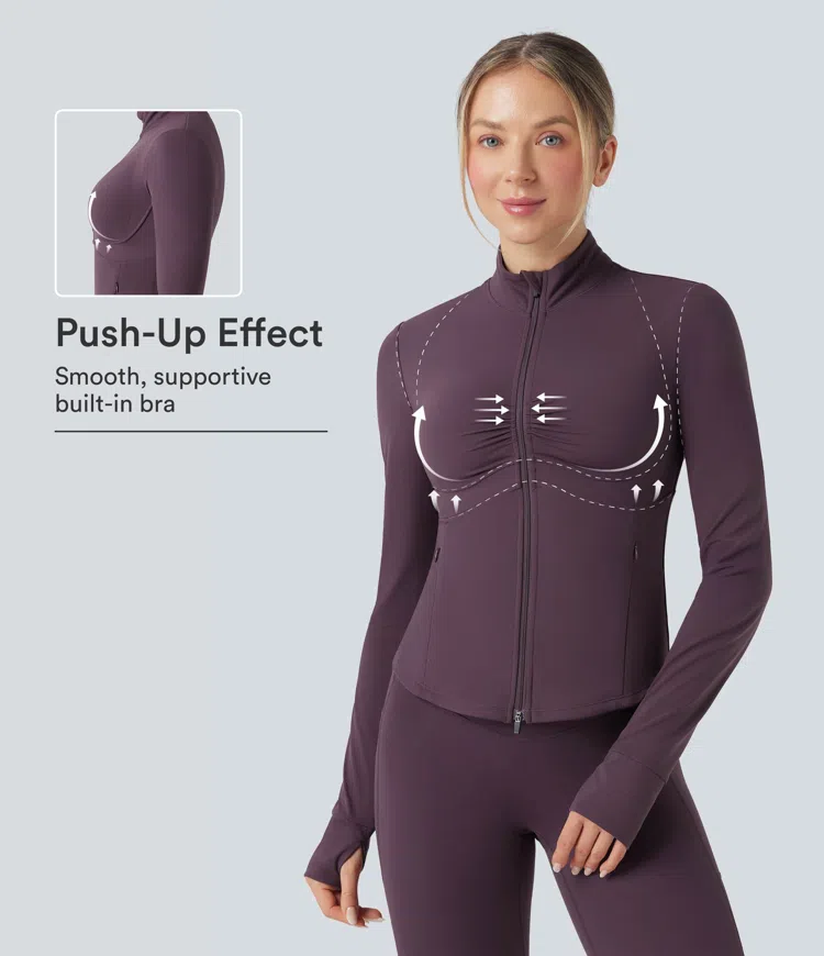 Halara UltraSculpt™ Mock Neck Ruched Push-Up Long Sleeve Thumb Hole Yoga Jacket with Pockets