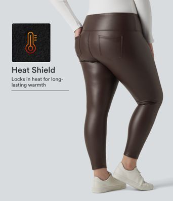 Plus Size High Waisted Tummy Control Stretchy PU Fleece 7/8 Skinny Casual Leggings with Pockets Plus Size High Waisted Tummy Control Stretchy PU Fleece 7/8 Skinny Casual Leggings with Pockets