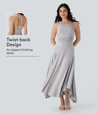 Ruched Asymmetric Hem Flowy Maxi Casual Dress