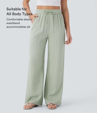 High Waisted Drawstring Pocket Wide Leg Casual Linen-Feel Trousers