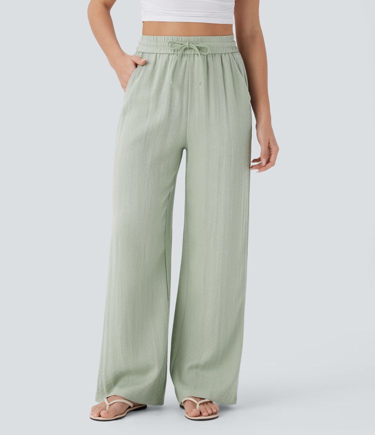 High Waisted Drawstring Pocket Wide Leg Casual Linen-Feel Trousers