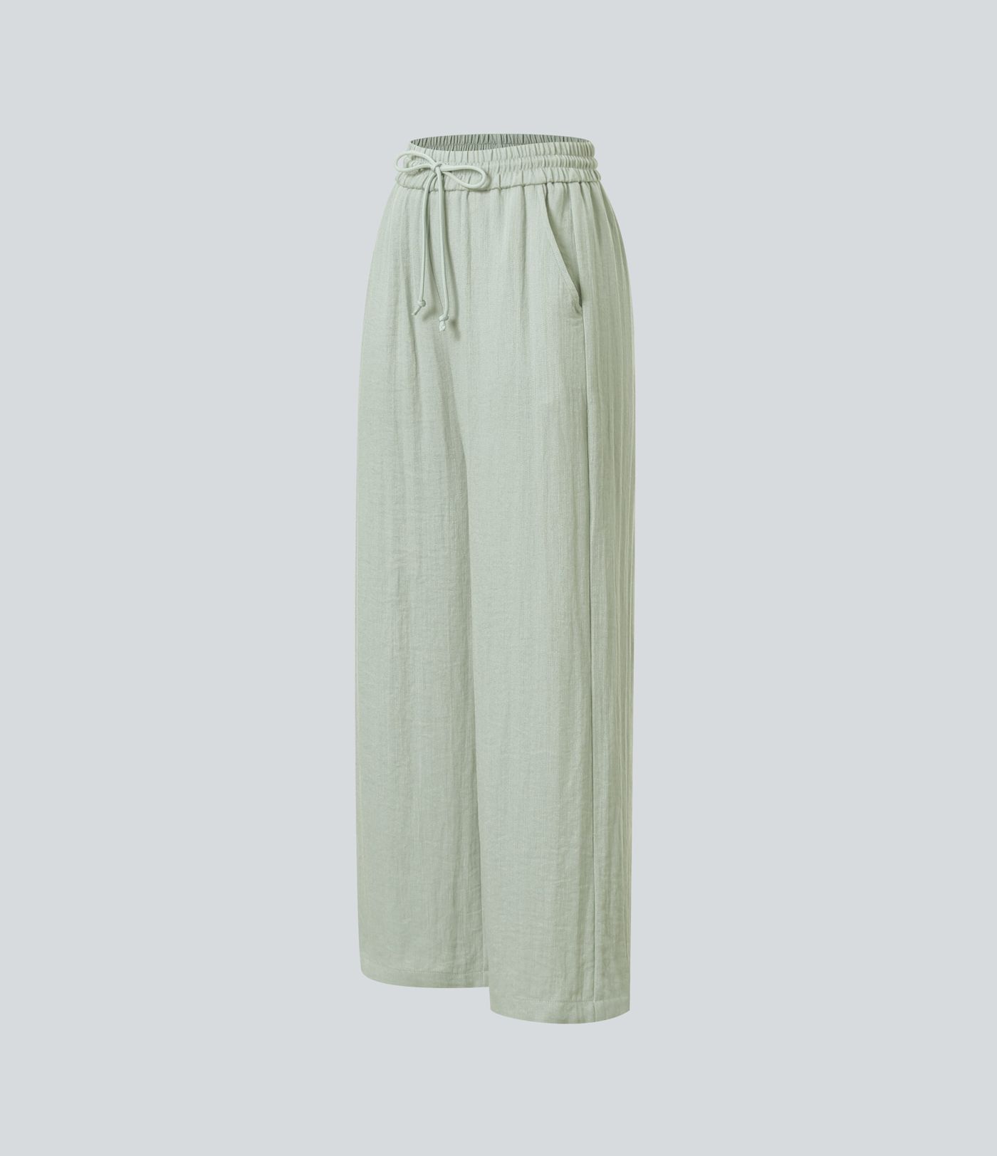 High Waisted Drawstring Pocket Wide Leg Casual Linen-Feel Trousers