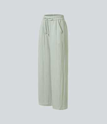 High Waisted Drawstring Pocket Wide Leg Casual Linen-Feel Trousers