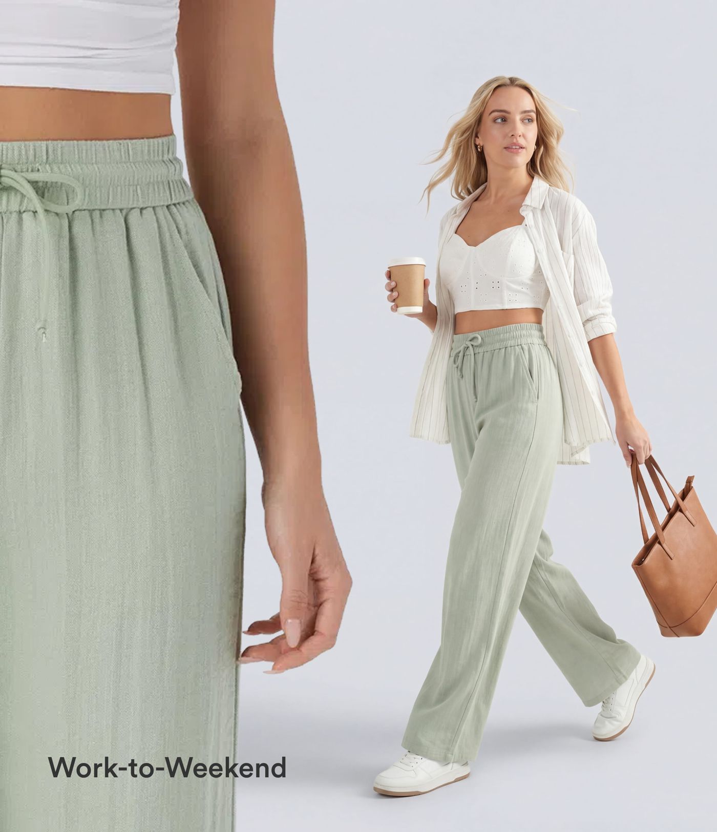 High Waisted Drawstring Pocket Wide Leg Casual Linen-Feel Trousers