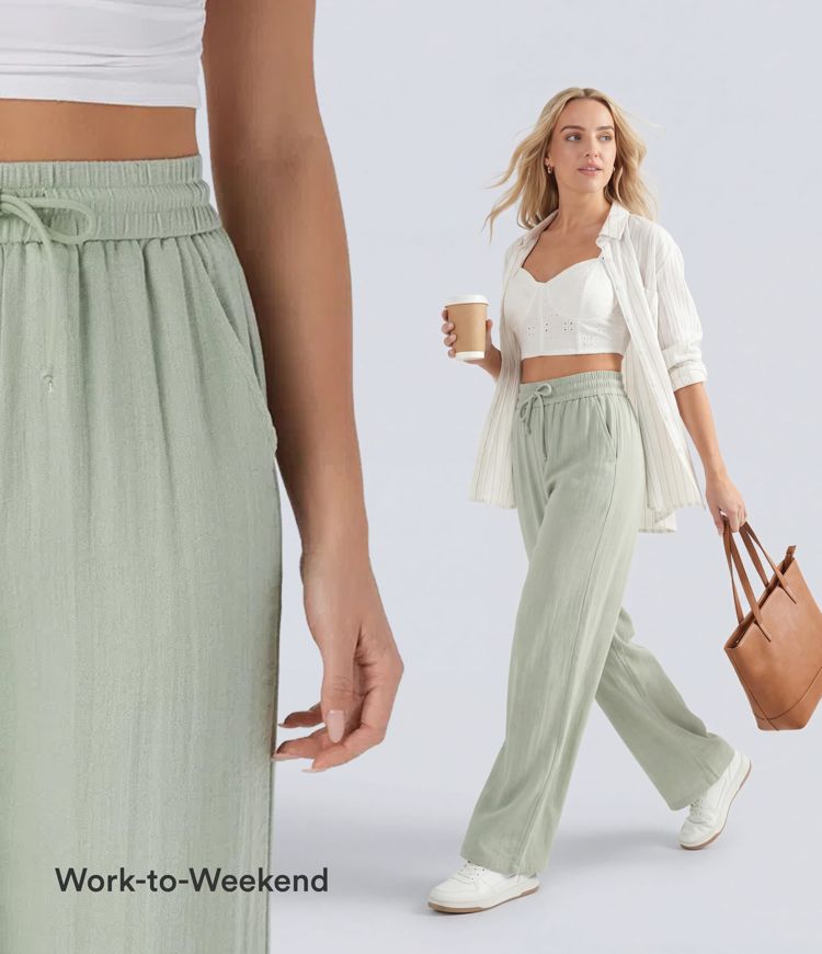 High Waisted Drawstring Pocket Wide Leg Casual Linen-Feel Trousers