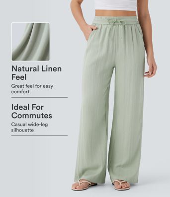 High Waisted Drawstring Pocket Wide Leg Casual Linen-Feel Trousers