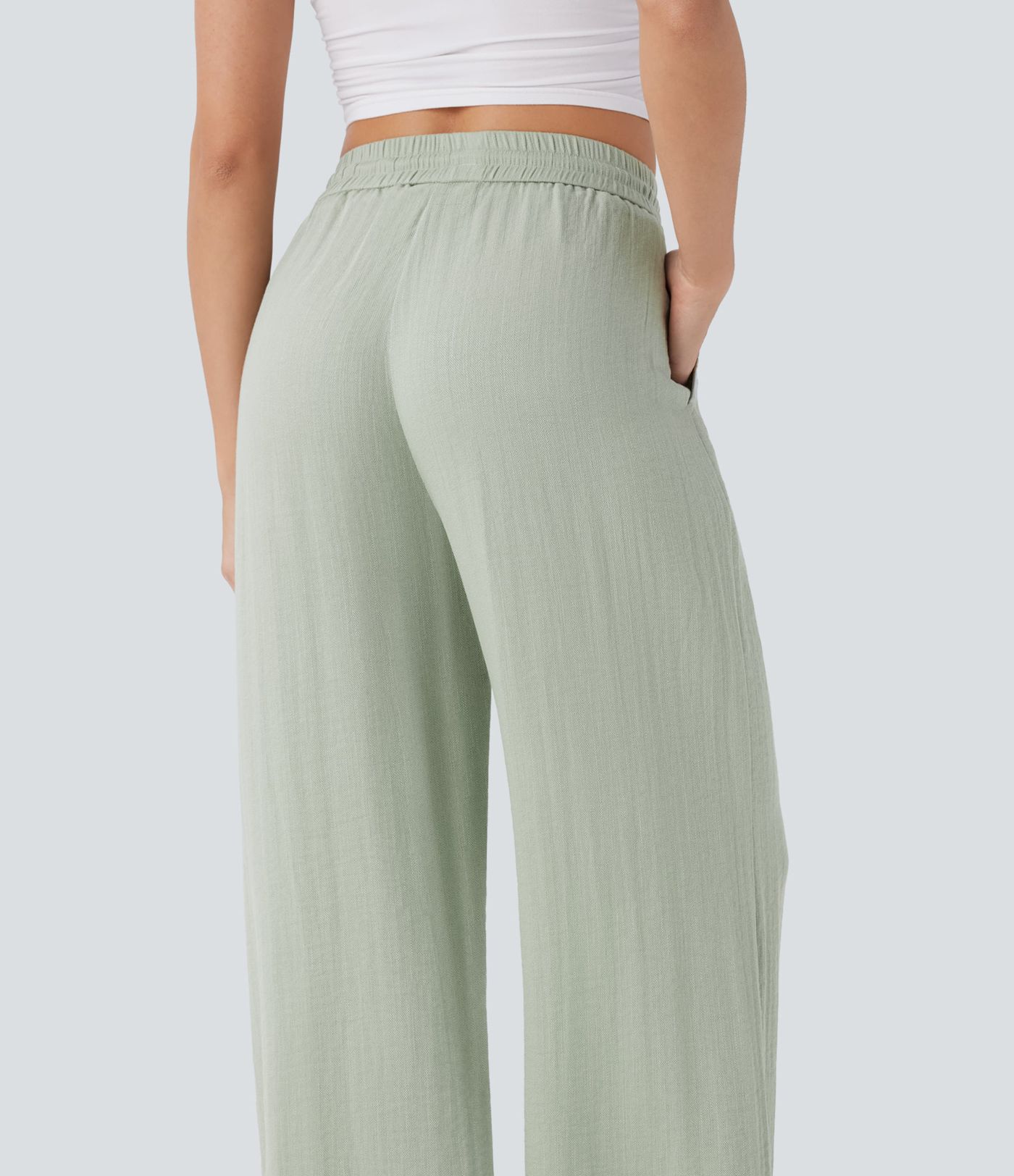 High Waisted Drawstring Pocket Wide Leg Casual Linen-Feel Trousers