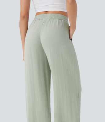 High Waisted Drawstring Pocket Wide Leg Casual Linen-Feel Trousers