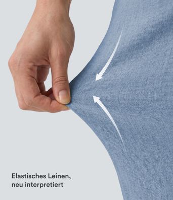 Lässige Hose aus elastischem Leinen mit hohem Bund, mehreren Taschen und Barrel-Leg Lässige Hose aus elastischem Leinen mit hohem Bund, mehreren Taschen und Barrel-Leg