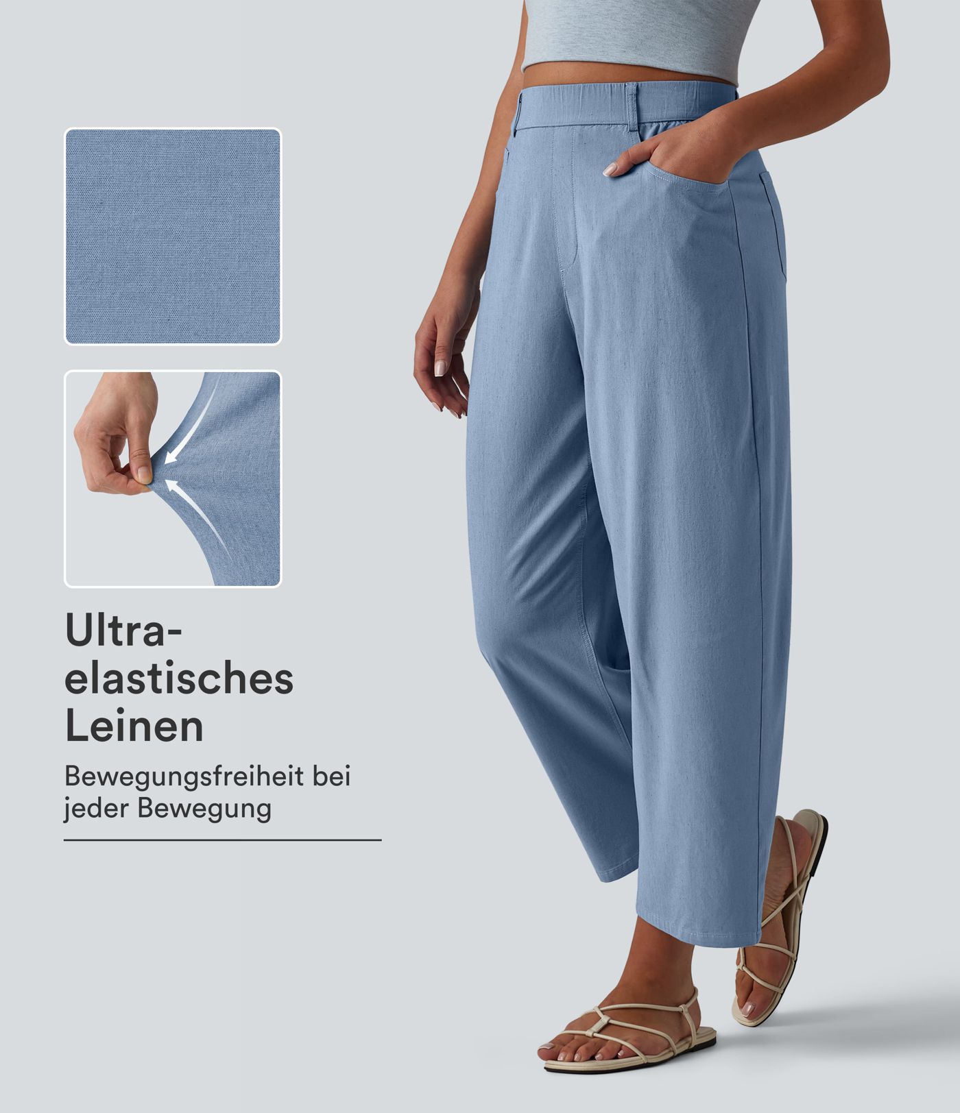 Lässige Hose aus elastischem Leinen mit hohem Bund, mehreren Taschen und Barrel-Leg Lässige Hose aus elastischem Leinen mit hohem Bund, mehreren Taschen und Barrel-Leg
