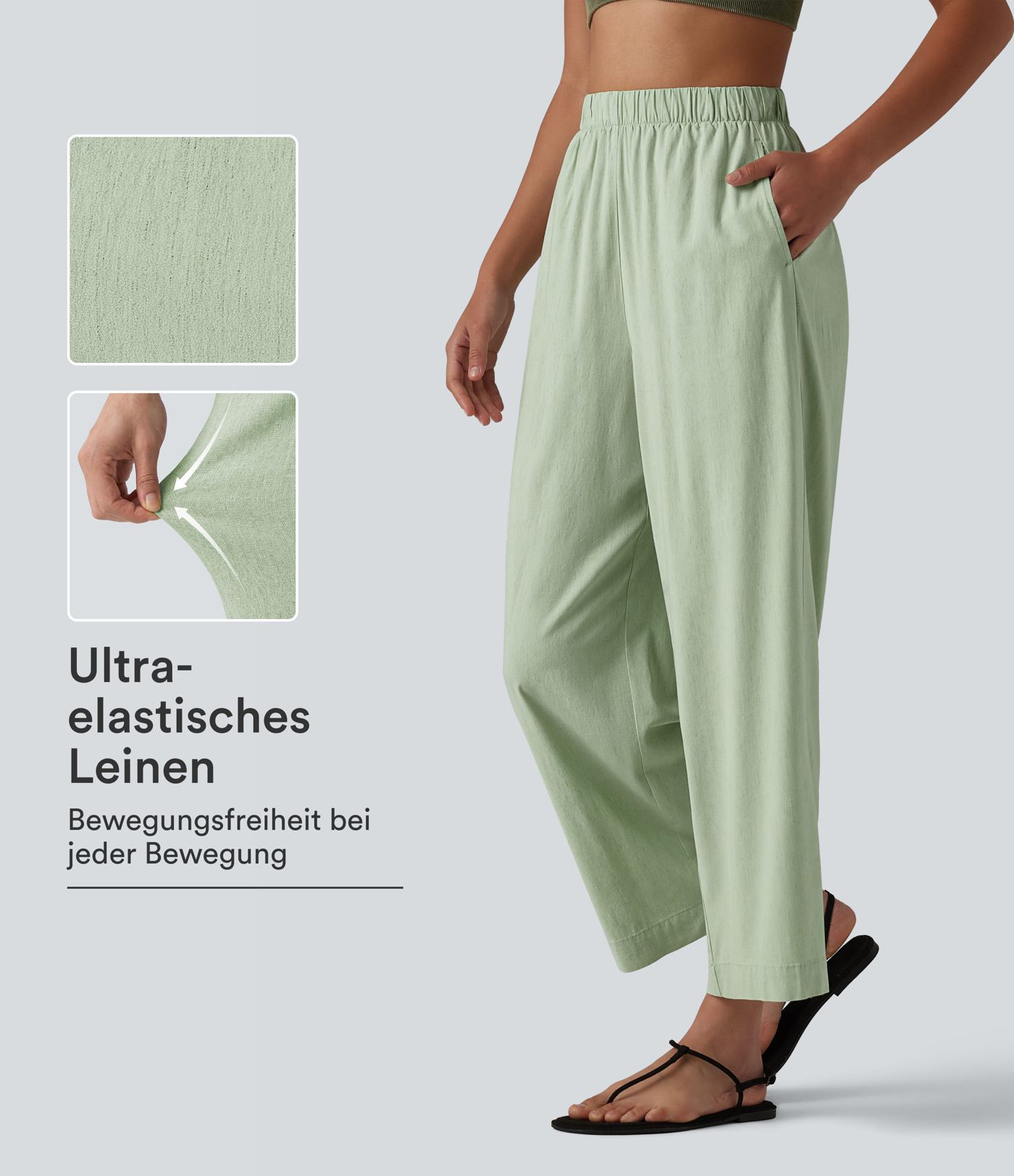 Lässige 7/8-Hose aus Leinen mit hohem Bund, Seitentaschen und geradem Bein