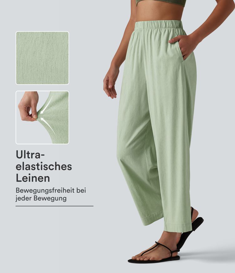 Lässige 7/8-Hose aus Leinen mit hohem Bund, Seitentaschen und geradem Bein
