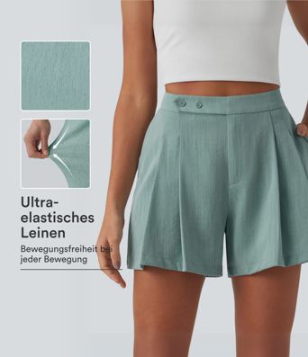 Shorts casual de talle alto con pliegues, efecto lino, 5'' con bolsillos