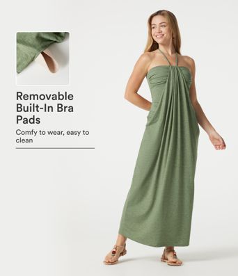 Maxikleid mit Neckholder, Seitentaschen, integriertem BH und Bindebändern hinten