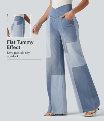 Halara Flex™ High Waisted Crossover Tummy Control Patched Bootcut Casual Jeans with Pockets