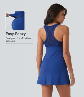 SoftlyZero™ Plush Racerback Contrast Mesh Crisscross U-Neck Sleeveless Built-in Bra Dance Active Dress with Pockets-Easy Peezy